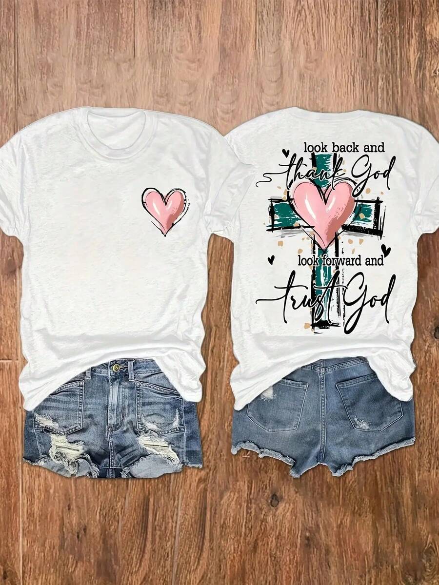 Women's Christian Inspired Graphic Print T-Shirt - "Looking Back, See How Far You've Come" Short Sleeve Crew Neck Top With Cross And Heart Design - 白色 - 查看 1
