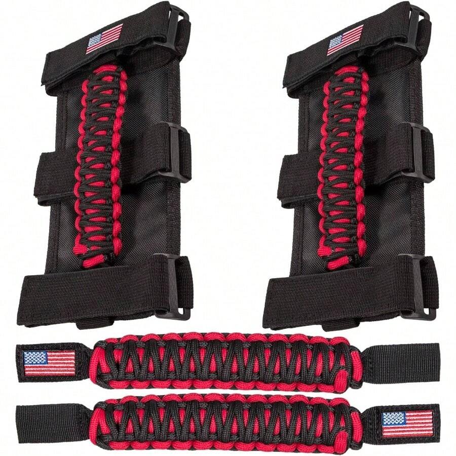 Asas de agarre con barra enrollable+ asa de agarre para YJ TJ JK JKU JL JLU Sport Sahara Freedom Rubicon Unlimited X Gladiator JT 1955 - 2022 UTV ATV Premium Paracord Bandera de Estados - Rojo - - Ver 1