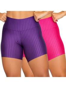 Women's 3D Basic Spring Summer Gym Shorts Kit - PINK+PURPLE - View 2