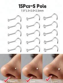 10/12/15 piezas Anillos para la nariz de acero inoxidable Tornillos Joyería de perforación 2mm Unisex Baja alergia Accesorios de perforación de la nariz, Adecuado para trabajo, escuela, citas, fiestas, uso diario - Plateado - Ver 19