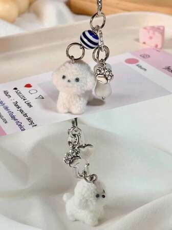 1pc Fashionable Puppy Dog Bone Flocked Animal Keychain, Cute Fluffy Cartoon Bag/Phone Charm, Unisex