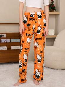Sanrio 1pc Sanrio Hello Kitty Flannel Fluffy Pajama Pants - Cozy Fleece Lining, Warm Halloween Print, Black & Orange Cartoon Design, Suitable For Men & Women, Autumn/Winter Sleepwear, Great As Study Reward, Holiday Or Birthday Gift
