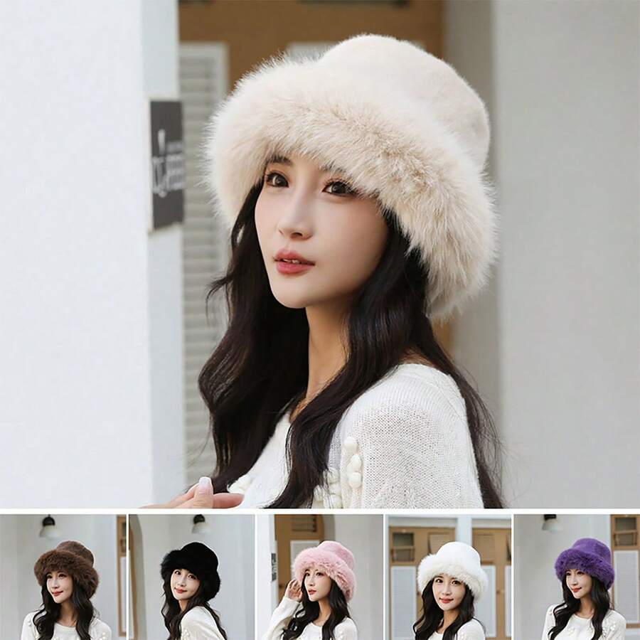 Cappelli classici di colore unito da donna per autunno/inverno, cappello a secchiello in finta pelliccia arricchito, nuovo stile mongolo in colore unito casual in pile di poliestere con decorazioni in pelliccia morbida per l'autunno
