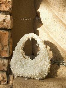 Bolso de embrague de mujer con flor de ganchillo de tela de algodón con forma ovalada para el Día de San Valentín, bolso de novia de boda, bolso de fiesta y baile con perlas tejidas a mano en forma de media luna