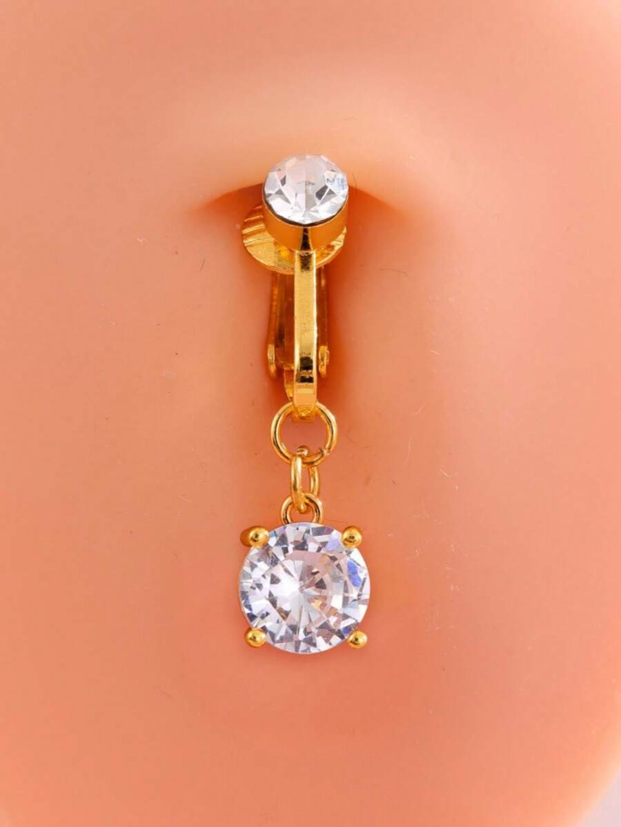 1pc Circular Zirconia Navel Piercing Ring, Faux Belly Button Piercing Jewelry - Clear - View 1