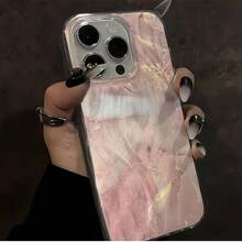 Elegant Pink Faux Stone Texture High-End TPU Design Phone Case Compatible With IPhone 16 PROMAX, Acrylic Anti-Fall Full Protection Cover Compatible With Apple 15/14/13P/12/11/7/8P/X/XR/XSMAX, Stylish Waterproof Shockproof Scratch Resistant - Multicolor - View 4
