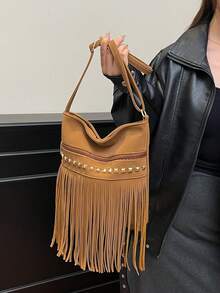 Large Capacity Fringed Rivet Decorated Envelope Bag, Fashionable American Style Crossbody Bag, Versatile Ins Shoulder Bag - Brown - View 3