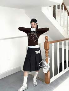 新款设计感小号原创V领水钻樱桃蝴蝶结长袖修身T恤，春夏款 - 棕色 - 查看 5