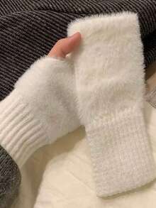 1/2/3/4 双女士纯色保暖针织露指手套，毛绒针织腕套，适用于触摸屏、办公室、学生写作、骑自行车、防冻 - 彩色 - 查看 11