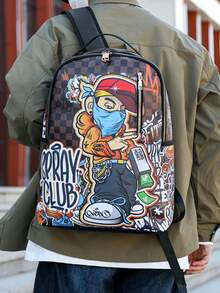 1 pieza Mochila universitaria casual con graffiti, de gran capacidad, con estampado de dibujos animados, estampado de moda casual, estampado de letras, estampado de graffiti, bolso para hombres, adecuado para vacaciones, deportes, viajes, vintage, puede contener archivos, portátil, uso en el gimnasio