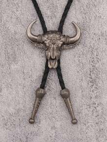 1pc Punk Western Cowboy Bull Head Embossed Bolo Tie Necklace, Versatile Braided Necktie Choker Necklace, Gift For Father/Boyfriend