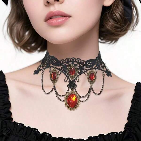 1pc Vintage Vampire Lace Ruby Choker Necklace, Gothic Lolita Lace Collar Necklace, Suitable For Women's Daily Wear