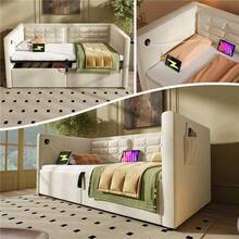 Sofá cama acolchado de 90 x 200 cm, sofá cama individual con almacenamiento hidráulico y estación de carga USB y tipo C, cama de invitados con somier de madera, beige, terciopelo, sin colchón.