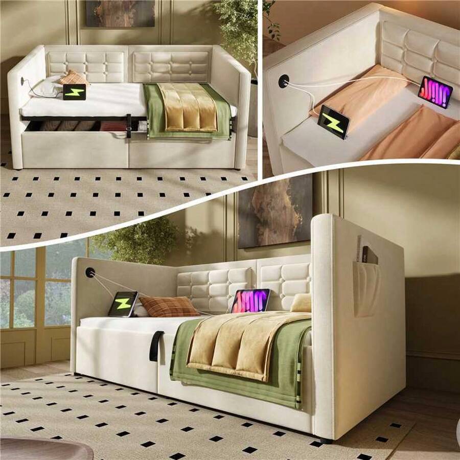 Sofá cama acolchado de 90 x 200 cm, sofá cama individual con almacenamiento hidráulico y estación de carga USB y tipo C, cama de invitados con somier de madera, beige, terciopelo, sin colchón.