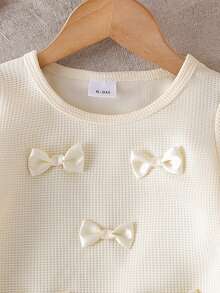 2 件套女婴时尚简约波西米亚风格长袖 T 恤，带 3D 蝴蝶结和流苏饰边和松紧腰牛仔裤套装 - 杏色 - 查看 4