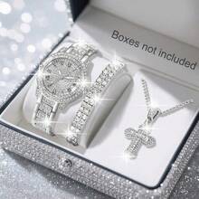 Bộ đồng hồ và trang sức nữ, mặt tròn màu bạc kèm vòng tay và dây chuyền đính đá, thích hợp đeo hàng ngày, làm quà sinh nhật, quà dự tiệc, quà tặng ngày lễ, quà tặng lý tưởng cho bản thân hoặc bạn bè. Không kèm hộp đựng. - Bạc - Xem 8