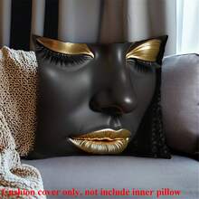 100% 涤纶装饰枕套，17.7X17.7 英寸，现代北欧风格枕套 - 醒目的金色妆容和睫毛设计，用于房间装饰的枕套，用于沙发的无拉链抱枕套，不含枕芯 - 黑色+金色 - 查看 14