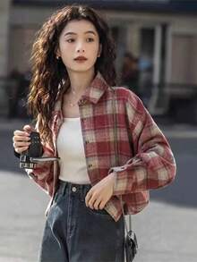 Vintage American Thick Red Plaid Shacket, Loose Oversized Design, Long Sleeve Top For Women - Red - View 1