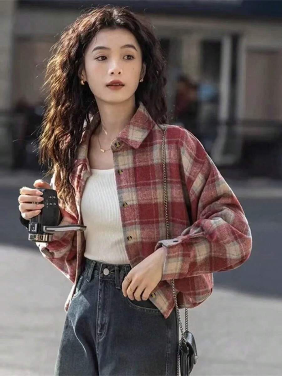 Vintage American Thick Red Plaid Shacket, Loose Oversized Design, Long Sleeve Top For Women - Red - View 1