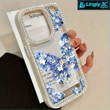 Teléfono Blue Flower Juego de doble cara 3 en 1, adecuado para phone16promax, 16 15pro 14 14 Plus/ 14 Pro 13 13 Pro 12Pro 11pro Promax Series. Anticaída y Antimanchas Suave, Unisex, Con Decoración. - Blanco - Ver 4