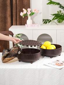1pc New Walnut Wood Grain Tray, 360° Rotating, Drainable, PET Material Lid, ABS Material Tray, Durable, Reusable Fruit, Dessert, Snack, Bread Tray, Suitable For Kitchen Condiment Storage, Various Festivals, Parties, Dinner Parties, Daily Living Room Desktop Storage, Kitchen Storage - Wood Grain Walnut Color - View 2