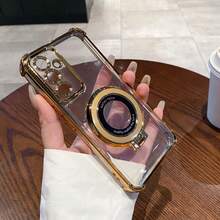 Luxury Electroplated Transparent Gold Phone Case With Ring Holder Magnetic Stand, Silicone Shock-Proof Soft Cover, Compatible With IPhone 16/16E/16 Pro/16 Pro Max/16 Plus/15/14/13/12/11/X/XS/XR/8/7, Galaxy S25/S24/S23/S22/S21/A55/A54/A53/A52/A35/A34/A23/A16/A15/A14/A13/A12/A05S/FE/Ultra/4G/5G, Redmi, Honor, MOTO, OPPO, Infinix, Etc. Waterproof, Anti-Fall, Anti-Scratch. - Gold - View 4