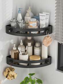 1个/2个装淋浴角置物架，PP材质，收纳架，整理架，适合家庭使用，可用于浴室、厨房，放置洗发水、沐浴露、化妆品等，节省空间，易于安装，防滑设计，浴室配件，淋浴置物架，房车必备，家居装饰浴室配件浴室工具 - 黑色 - 查看 2