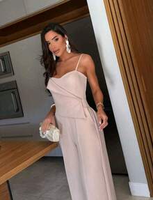Women's Long Strap Jumpsuit With Button - Beige - View 2