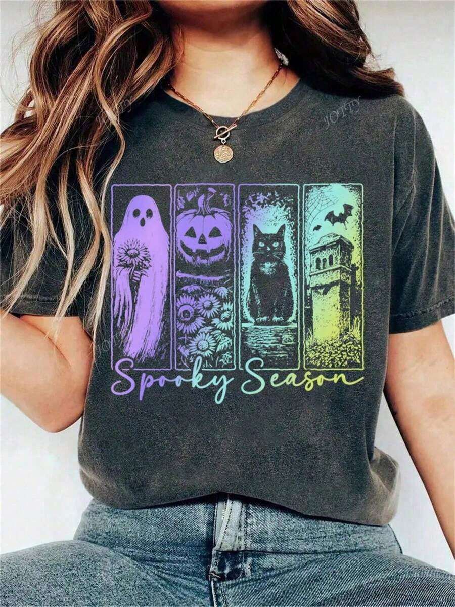 Nightmare Before Christmas, Halloween Clothes, Women Halloween Costumes, Women Halloween Costumes, Women Halloween Costumes, Halloween T-Shirt Autumn Ghost Pattern Women Casual Round Neck Short Sleeve T-ShirtCómodo Y Transpirable - 深灰色 - 查看 1