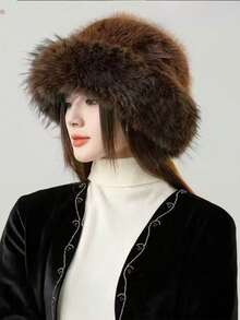 Classic Autumn/Winter New Solid Color Fashionable Wide Brim Bucket Hat For Women, Autumn/Winter Thickened Plush Hat, Versatile, Petite, Casual, Polyester Fiber Fuzzy Decor, Autumn/Winter Winter Warm