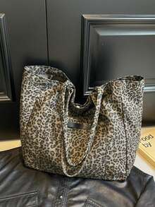 Fashionable High-Capacity Casual Minimalist Lightweight Versatile Canvas Tote Bag With Leopard Print, Suitable For Young Women For Commuting, Outing, Shopping, Work And Study, New Fall Winter Cheetah Print Purse For Women