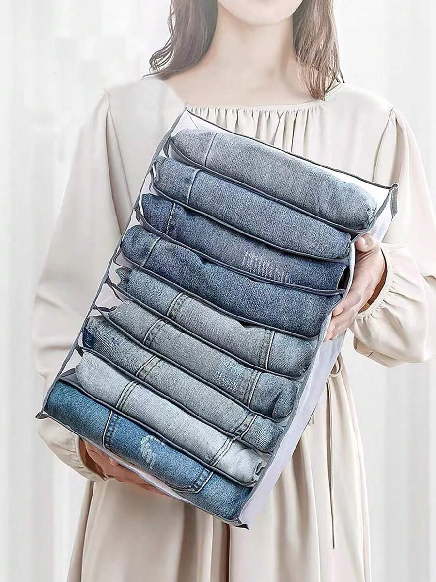 1pc Transparent 7/9-Grid Fabric Drawer Organizer With Handle – Washable Nylon Storage Box For Jeans, T-Shirts, And Clothes – Foldable Closet Divider For Efficient Wardrobe Organization, Foldable Organizer | Transparent Design | Lightweight Organizer, Clothes Organizer Storage - Grey - View 1