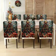 1 Stück/4 Stücke/6 Stücke/10 Stücke Weihnachtsbaum Plüsch Stuhlbezug, Muster mit Weihnachtsbaum dekoriert mit roten & goldenen Ornamenten, goldenem Stern an der Spitze und goldenem Band - Verschiedenfarbig - Übersicht 7
