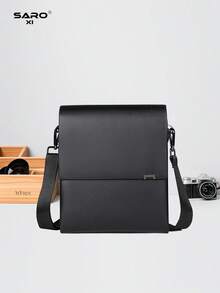 saroxi 1 件男士单肩斜挎包邮差包带侧袋多功能休闲 PU 皮革简约风格黑棕色包，送给男朋友的礼物 - 黑色 - 查看 12