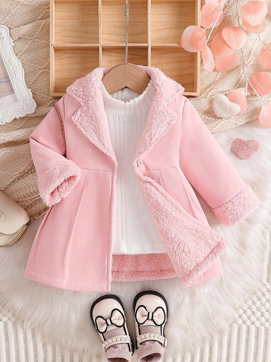 Baby Girls' Cute Elegant Minimalist Solid Color Lapel Long Sleeve Open Front Thick Fleece Mid-Length Jacket, Fashionable Versatile Comfortable Warm Baby Girl Coat, Toddler Clothing, Suitable For Autumn/Winter, Ideal For Mom To Dress Up Cute Baby For Daily Wear And Outings