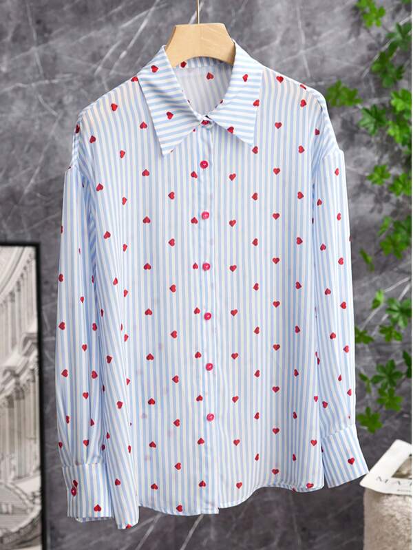 Women's Heart Print Collar Striped Shirt , Casual Button-Up Long Sleeve Vacation Top For Spring Summer Fall