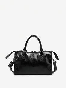 1 pieza Bolso de motocicleta estilo Boston de cuero sintético con efecto agrietado, decorado con remaches, estilo retro Y2K punk biker, con múltiples bolsillos, adecuado para salidas, citas y fiestas