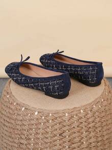 Women's Ballet Flats, Fashionable Square Toe Slip-On Soft Bottom Shoes, Versatile Flat Shoes, Blue & Gold Plaid Bow Flat Loafers, Size Run Large, Plus Size 35-43