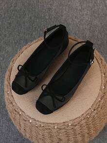 Women's Ballet Flats, Fashionable Square Toe Slip-On Soft Bottom Shoes, Versatile Flat Shoes, Black Flat Bow Tie Loafers, Size Run Large, Plus Size 35-43