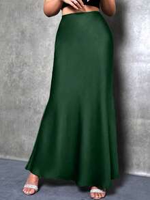 Solid Color High Waist Elegant Charmeuse Satin Skirt, Women Plus Size Midi Skirt, Suitable For Spring, Summer, Autumn - Dark Green - View 6
