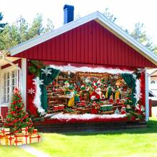 1pc Vibrant Santa's Workshop Garage Door Mural, Christmas Polyester Decoration, Non-Electric Holiday Scene For Party Background And Celebration, Easy Hanging With Loops, Christmas Santa And Elf Holiday Theme