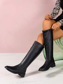 2025 Novos Botas de Moda Feminina Elegantes, Design de Bico Redondo e Salto Baixo Confortável, Combinado com Zíper Lateral Ajustável, Versátil e Elegante Casual, Botas Ocidentais Altas até o Joelho Sólidas e Brilhantes, Adequadas para Bailes, Festas, Festivais de Música, etc.