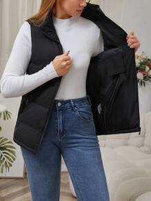 都市秋冬女式黑色无袖羽绒背心夹克，轻盈保暖的立领外套，拉链开合，适合日常休闲穿着、办公室通勤、周末购物、节日聚会、寒冷天气出差 - 黑色 - 查看 3