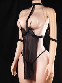 No-Tear Maid Costume Lingerie Strappy High-Cut Bodysuit Set - Black - View 3