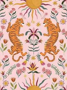Cute Pink Cartoon Crawler Tiger Animal Wall Sticker, Self-Adhesive Waterproof, Retro Floral, Matte Finish, PVC, With Multi-Surface Adhesive, Drop Match Pattern, Detachable, For Wall Decoration - Multicolor - View 4