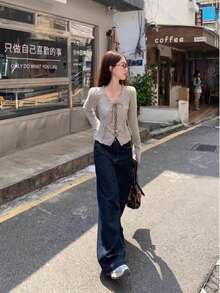 休闲蝴蝶结领系带荷叶边V领长袖针织开衫，秋冬女款，适合约会、外出、通勤、圣诞节、早春等场合。 - 卡其色 - 查看 3