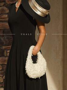 Bolso de embrague de mujer con flor de ganchillo de tela de algodón con forma ovalada para el Día de San Valentín, bolso de novia de boda, bolso de fiesta y baile con perlas tejidas a mano en forma de media luna