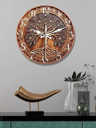 Rustikale Baum des Lebens Holz Wanduhr - Leise Quarz Bewegung, dekorativer 2D Flachdesign für Küche, Schlafzimmer, Wohnzimmer oder Büro - mit AA Batterie betrieben (nicht enthalten), inspirierendes Wohndekoration, rustikaler Landhausstil, große Wanduhr Raumdekoration