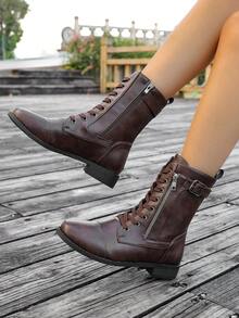 1 Pair Classic Fashion Lace-Up Metal Eyelets Side Zipper Women Plus Size Mid-Calf Boots, Suitable For Campus & Outdoor