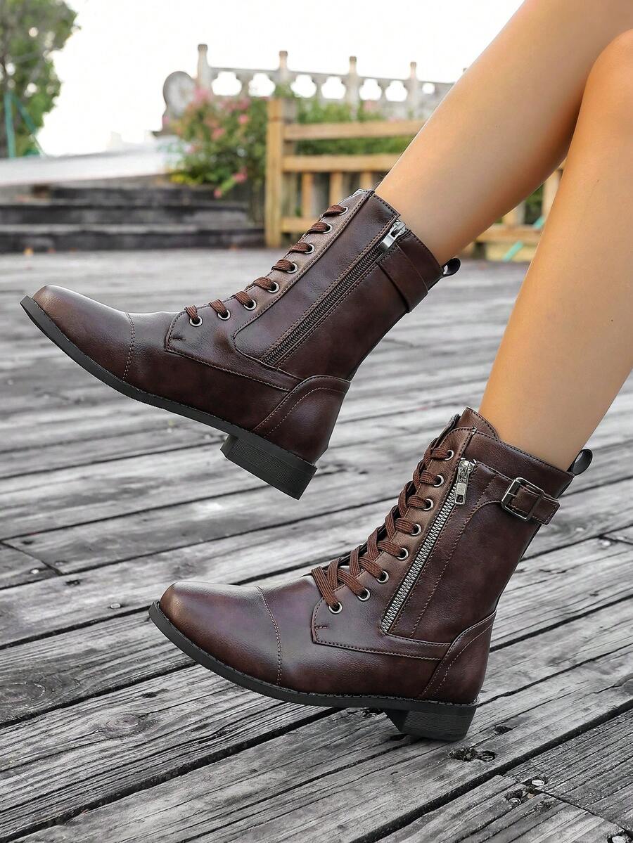 1 Pair Classic Fashion Lace-Up Metal Eyelets Side Zipper Women Plus Size Mid-Calf Boots, Suitable For Campus & Outdoor
